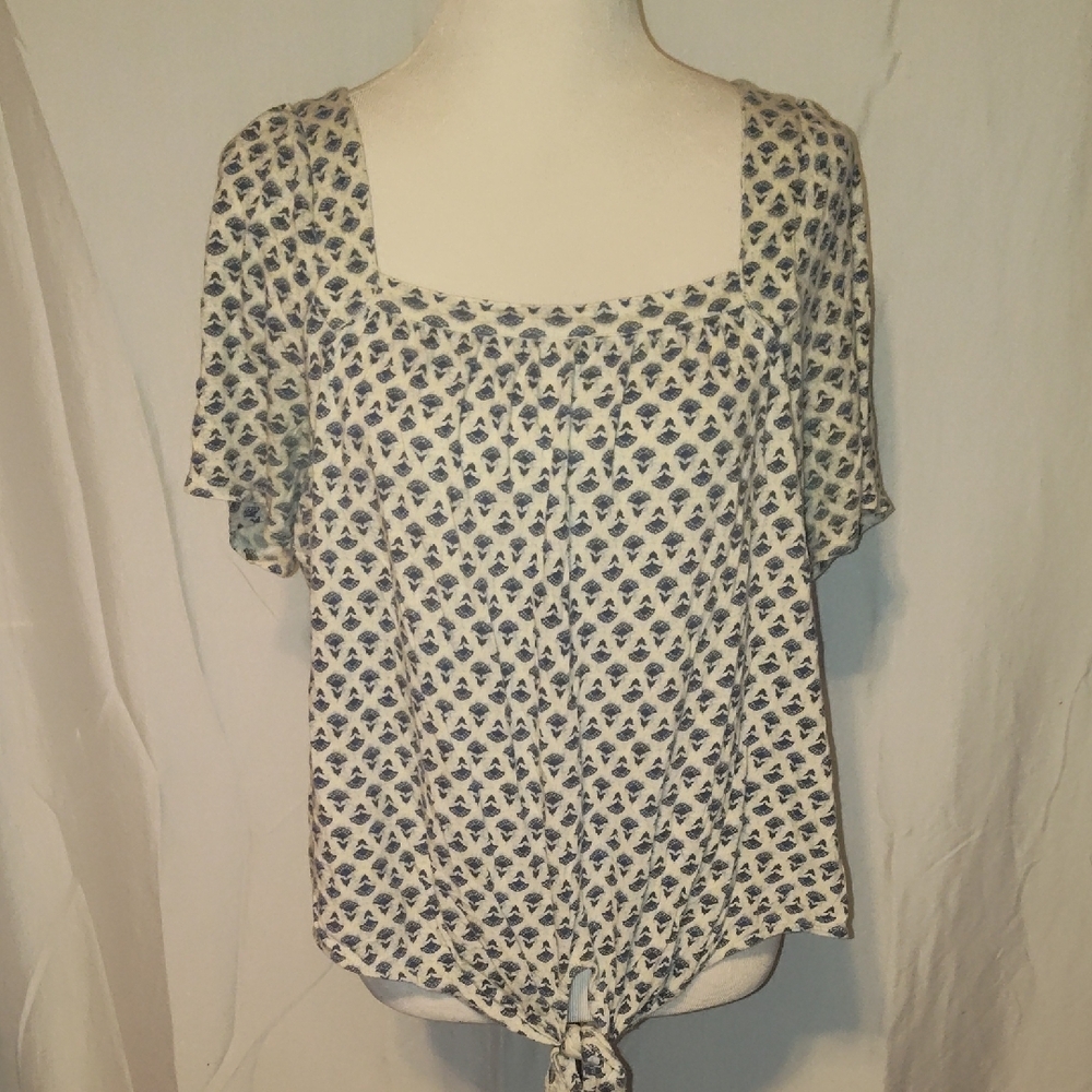 Lucky Brand Floral Print Short Sleeve Square Neck Tie Hem Blouse Womens Size 1X